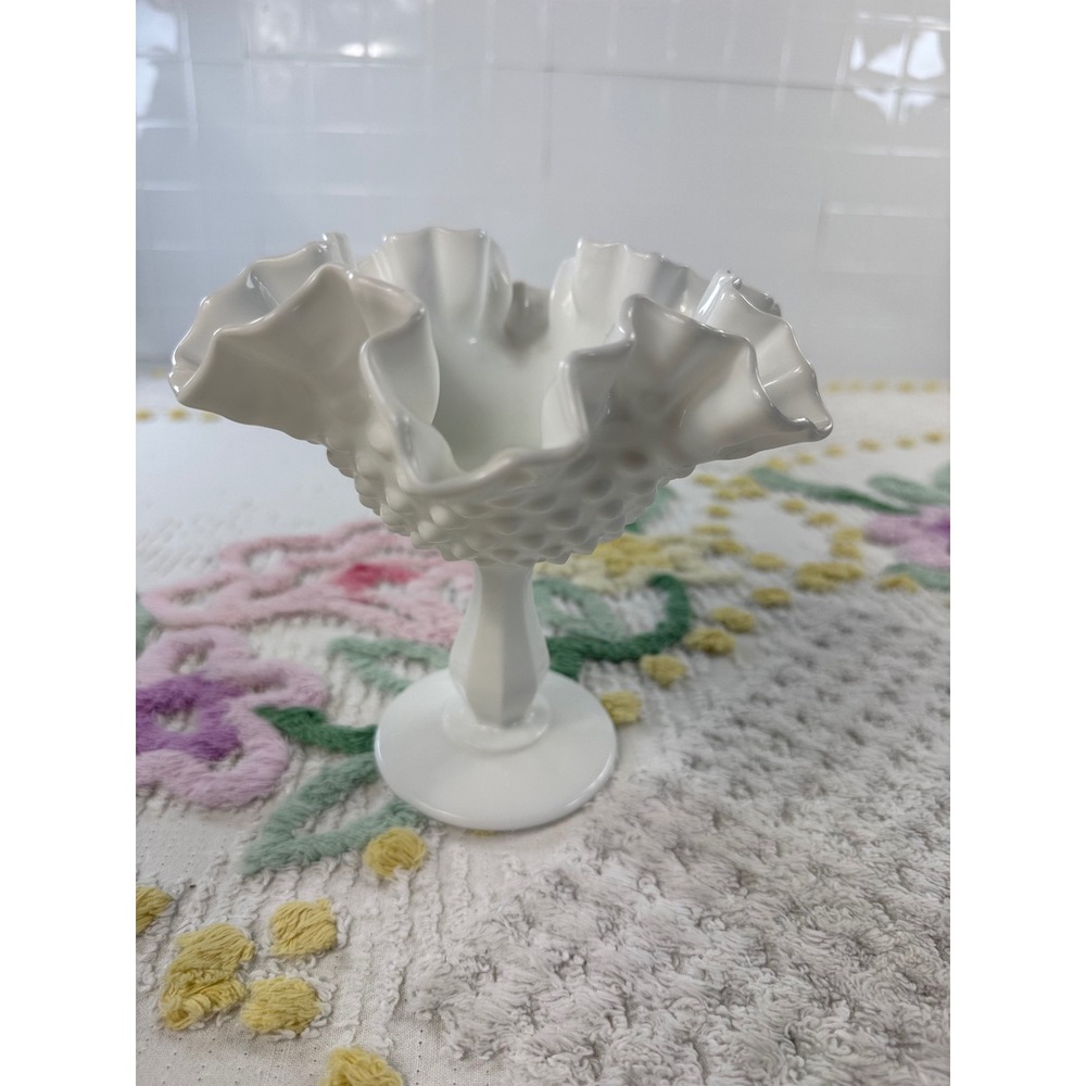 Fenton White‎ Milk Glass Hobnail Ruffled Pedestal Compote Candy Dish Vintage
